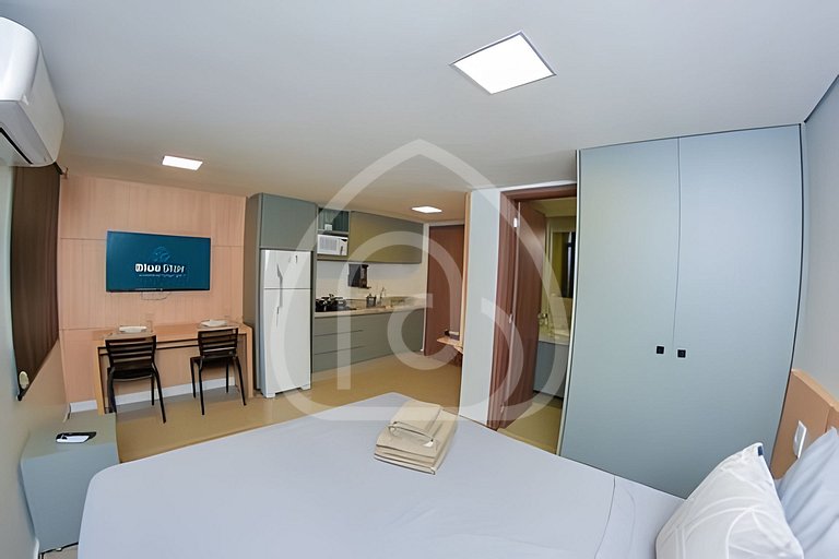 Studio completo com Wi-Fi, cozinha equipada e muito conforto